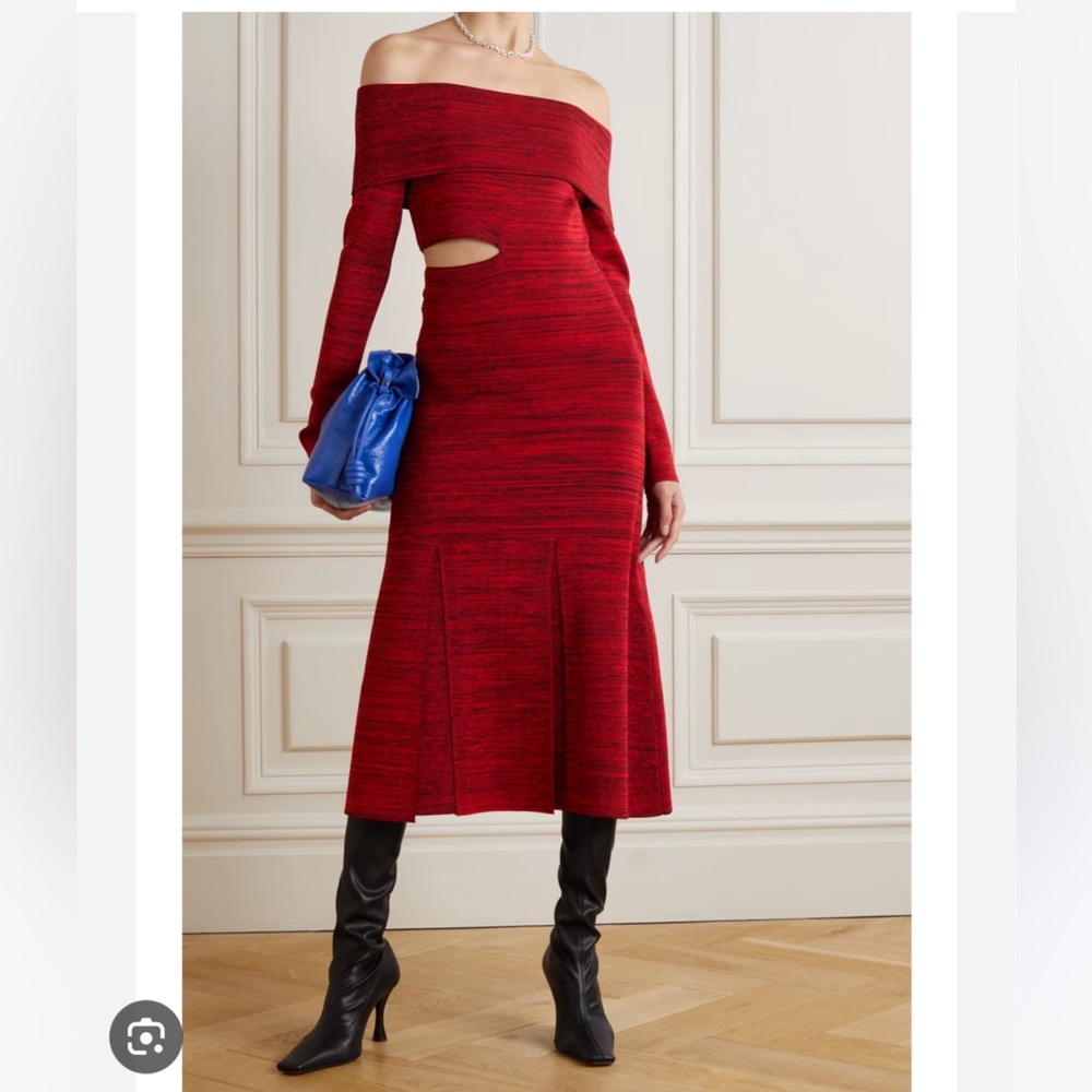 Proenza Schouler off the shoulder red space dyed midi knit sweater dress